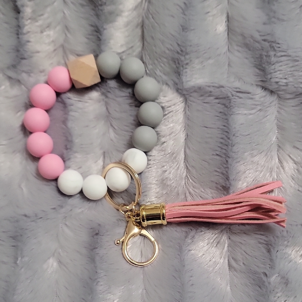 Pink and Gray Beaded Keychain Bracelet